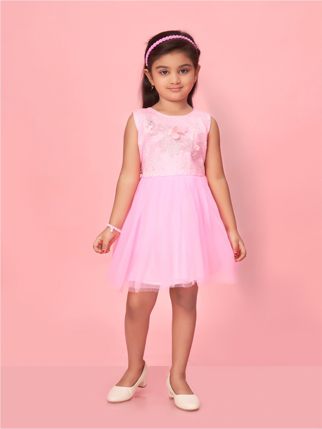 

Aarika Girls Floral Embroidered Sleeveless Net Fit & Flare Dress, Pink