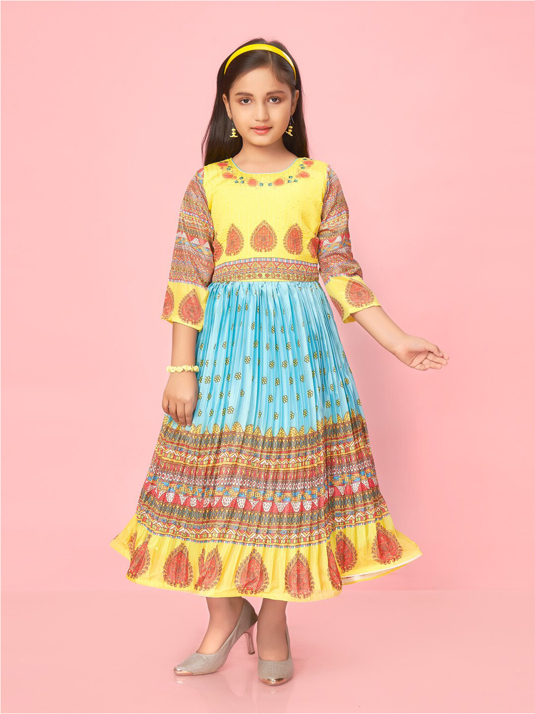 

Aarika Girls Round Neck Ethnic Motifs Printed Silk Ethnic Dress, Turquoise blue