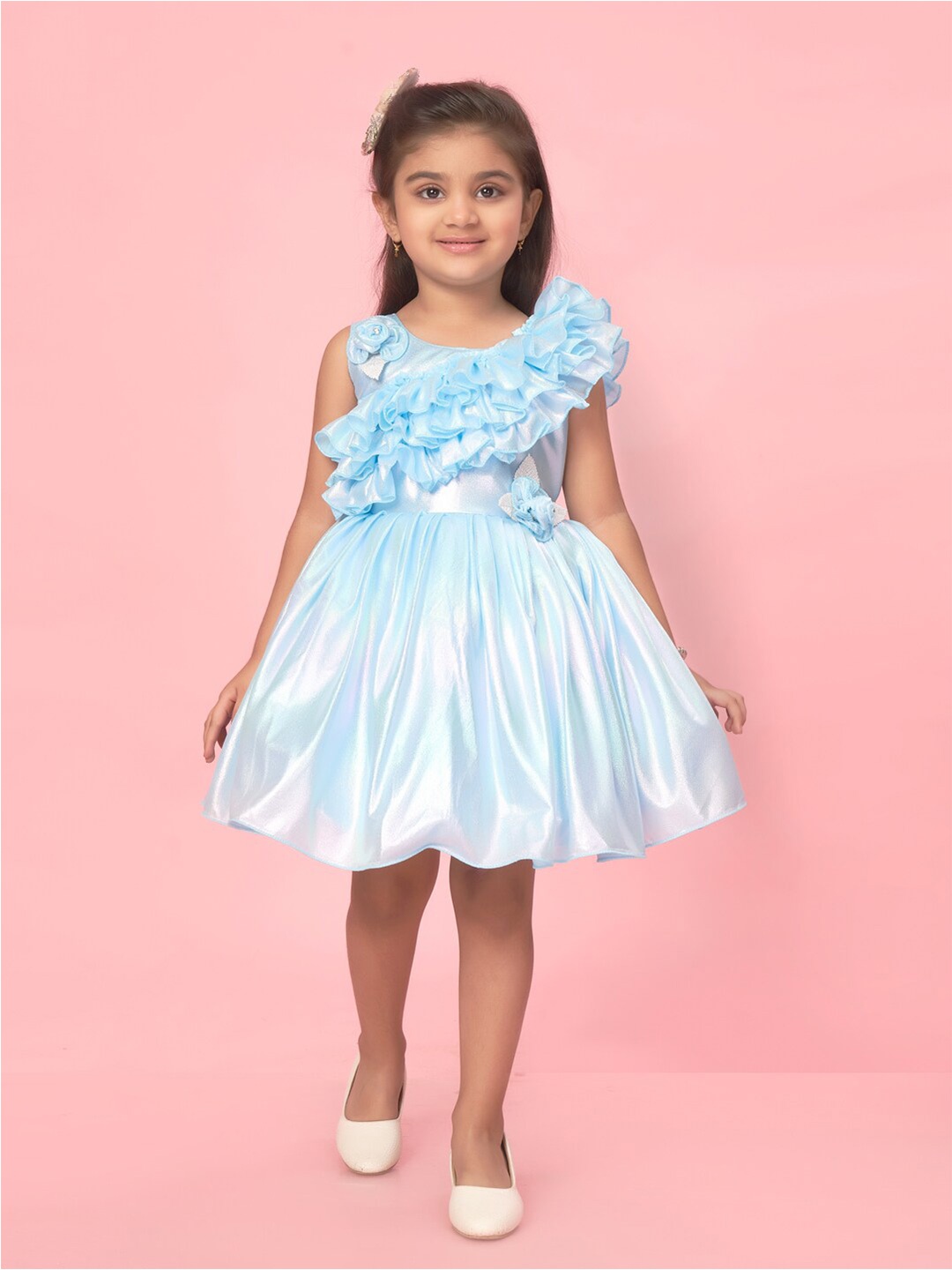 

Aarika Girls Ruffled Silk Fit & Flare Dress, Turquoise blue