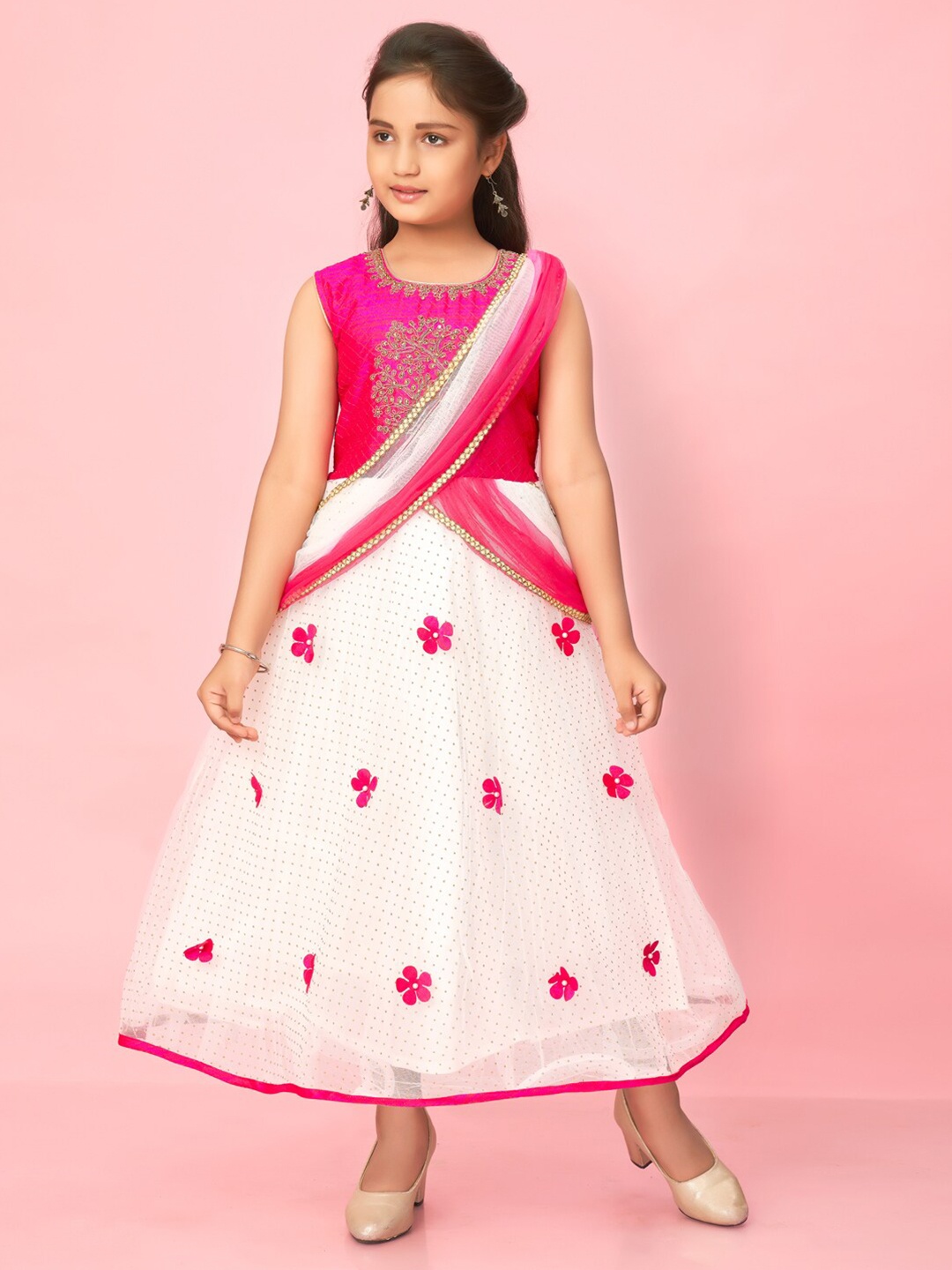 

Aarika Floral Embroidered Fit and Flare Ethnic Dress with Attached Dupatta, Pink