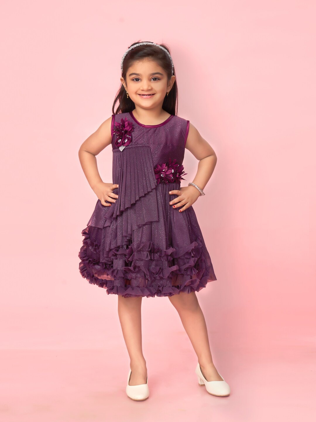 

Aarika Girls Self Design Ruffled Net A-Line Dress, Purple