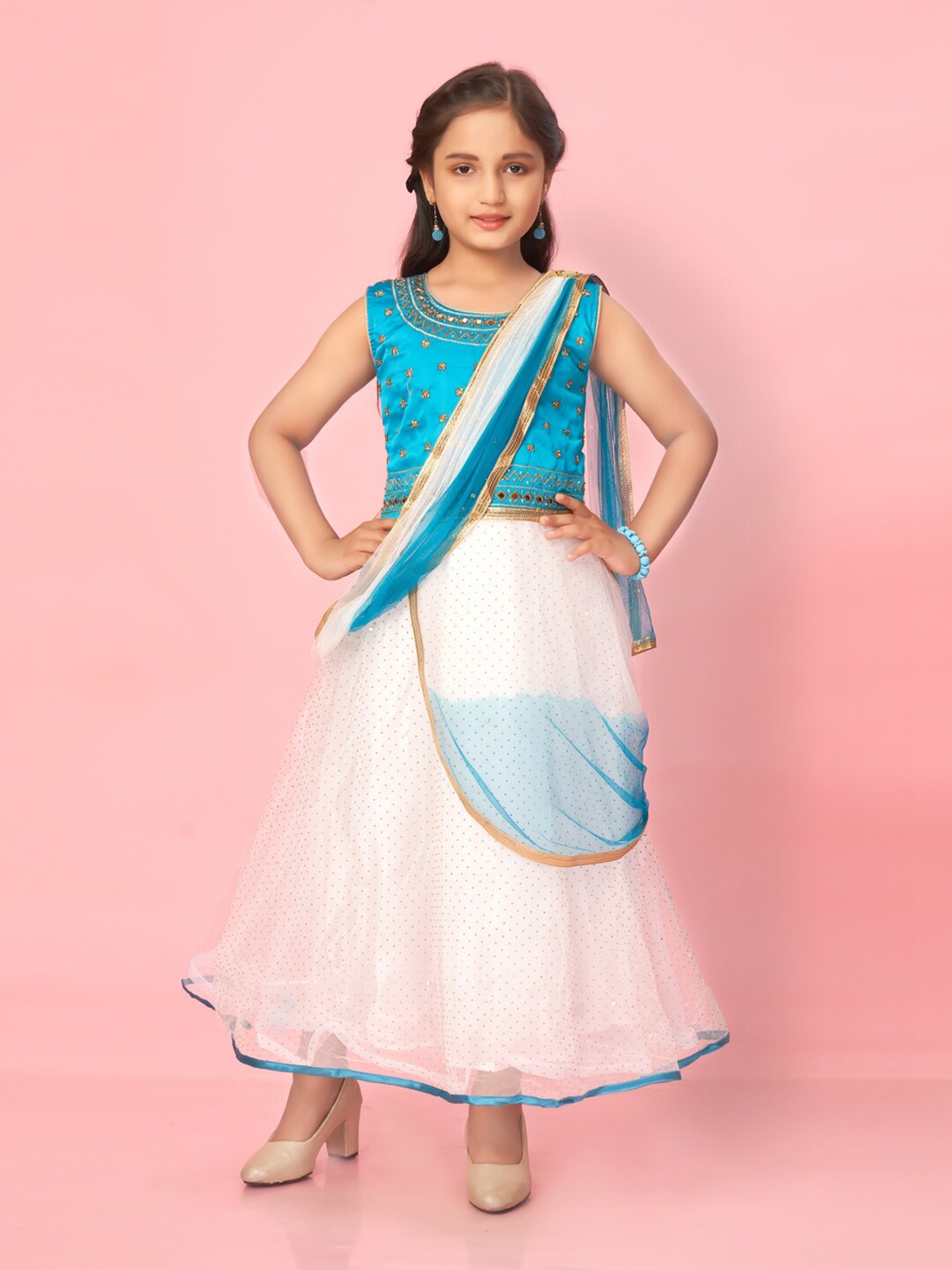 

Aarika Girls Floral Embroidered Net Maxi Dress, Turquoise blue