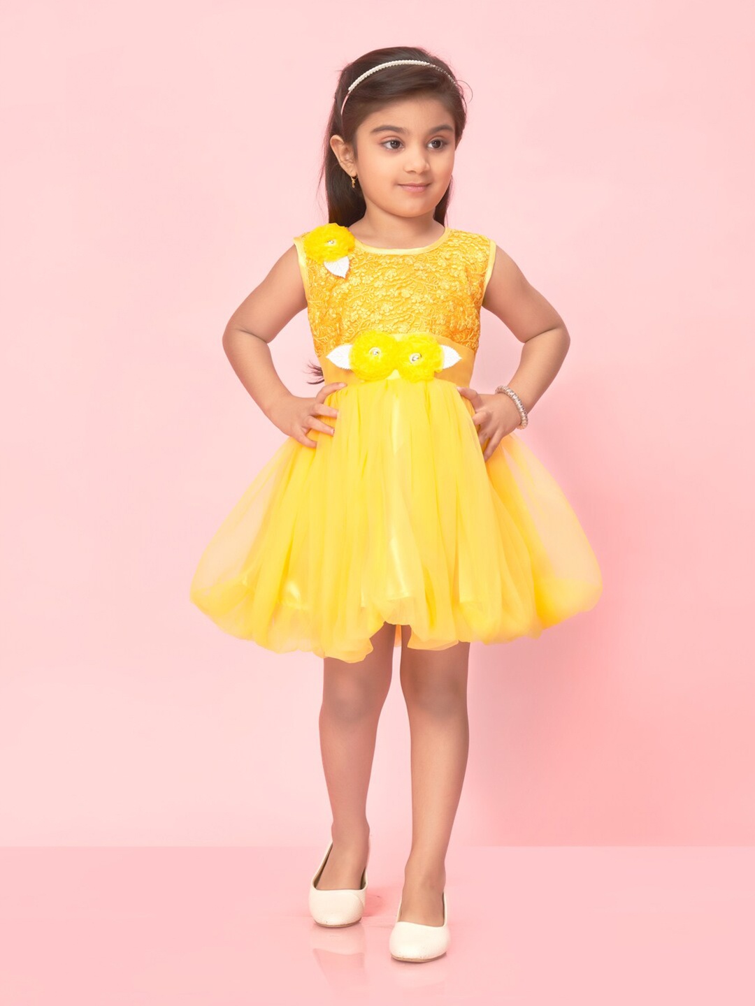 

Aarika Girls Floral Embroidered Net Fit & Flare Dress, Yellow