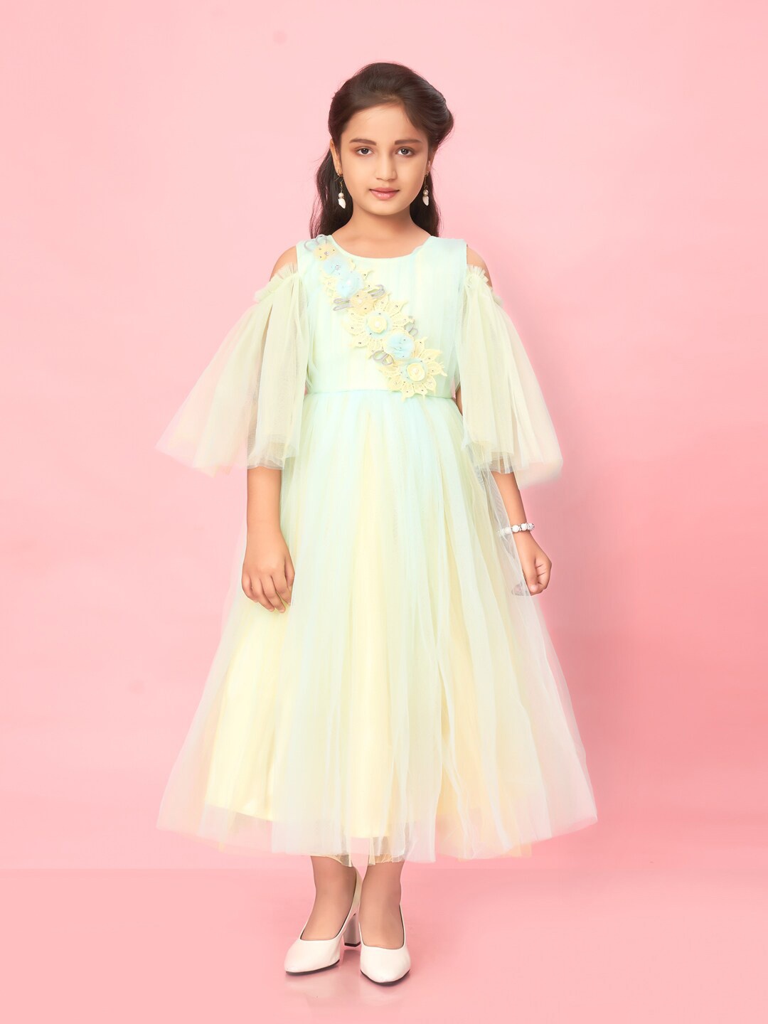 

Aarika Girls Embellished Cold-Shoulder Sleeves Net Fit & Flare Maxi Dress, Blue