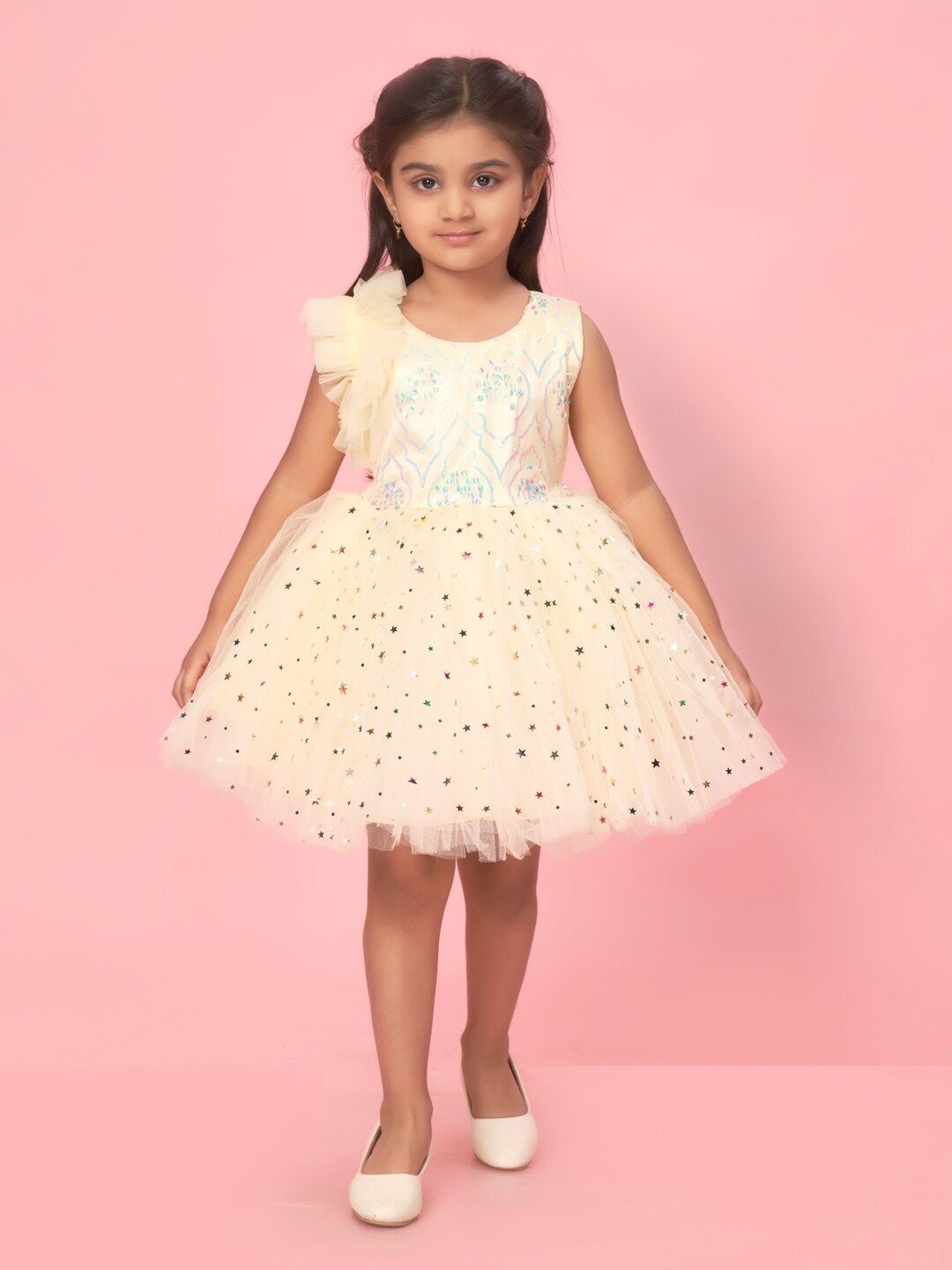 

Aarika Girls Embellished Sleeveless Net Fit & Flare Dress, Yellow