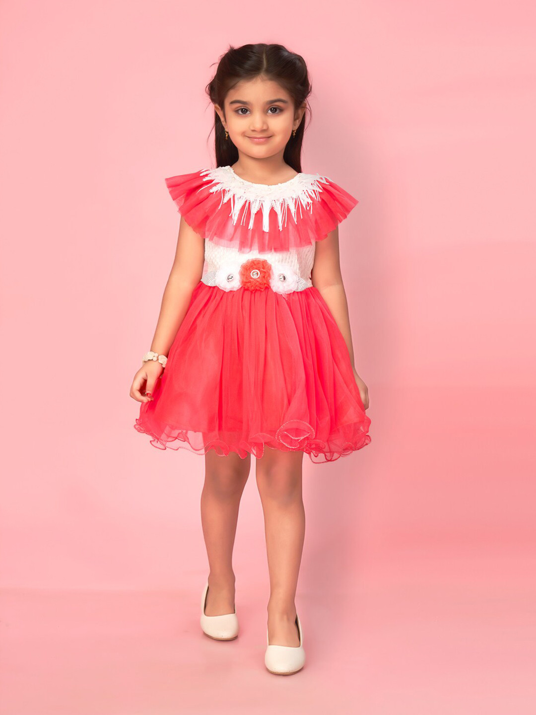 

Aarika Girls Flutter Sleeve Net Fit & Flare Dress, Red
