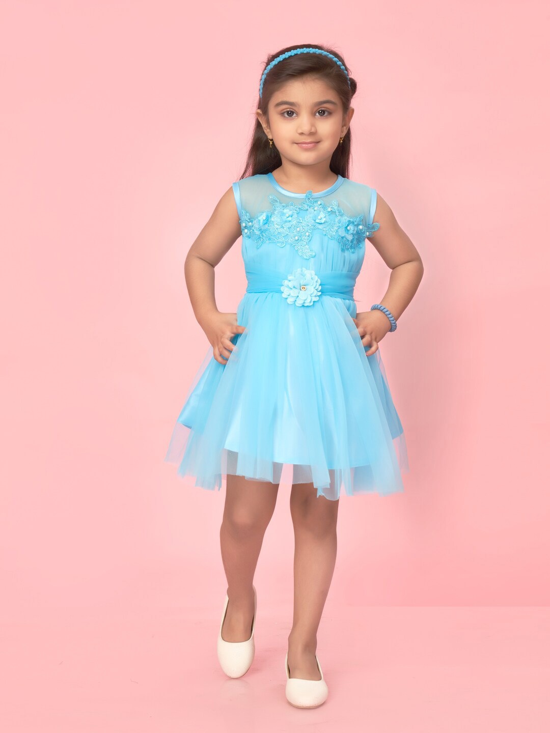 

Aarika Girls Embellished Sleeveless Net Fit & Flare Dress, Blue