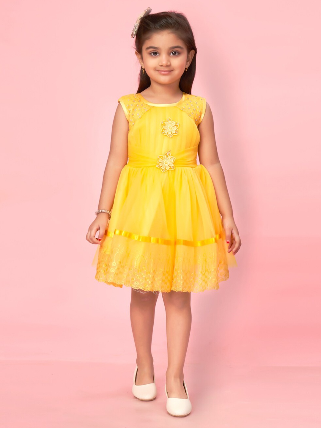 

Aarika Girls Round Neck Self Design Net Fit & Flare Dress, Yellow