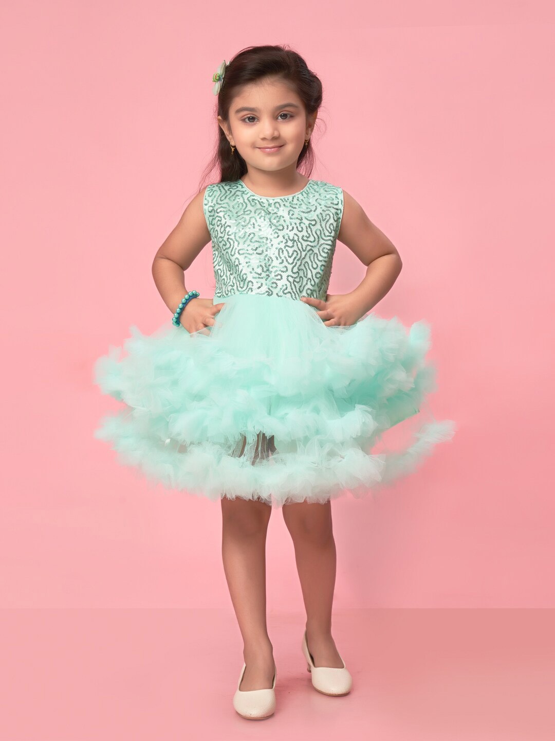 

Aarika Girls Net Fit & Flare Dress, Sea green