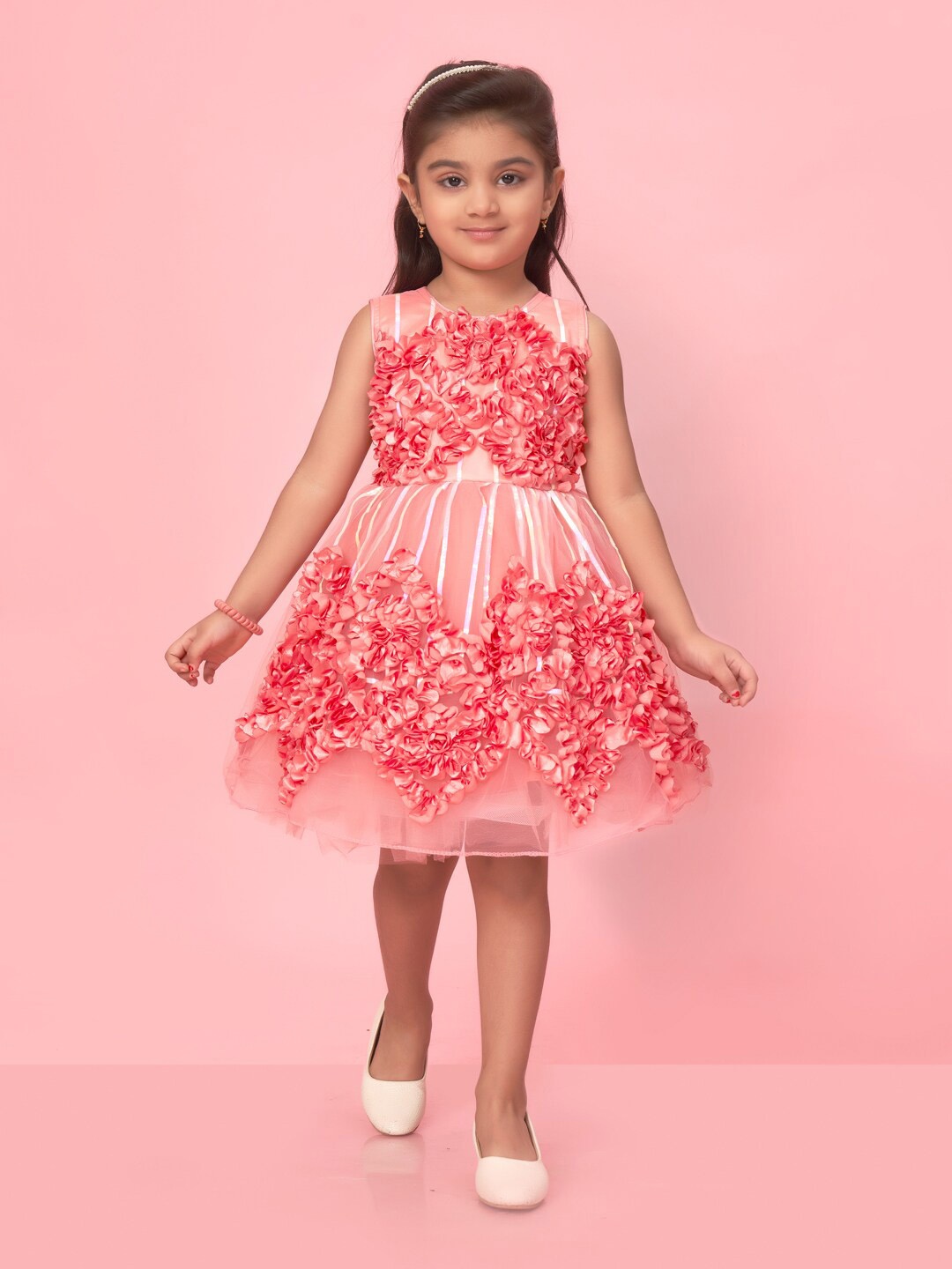 

Aarika Girls Floral Self Design Net Fit & Flare Dress, Peach