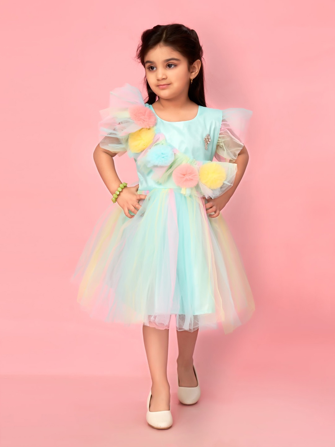 

Aarika Girls Self Design Net Fit & Flare Dress, Blue