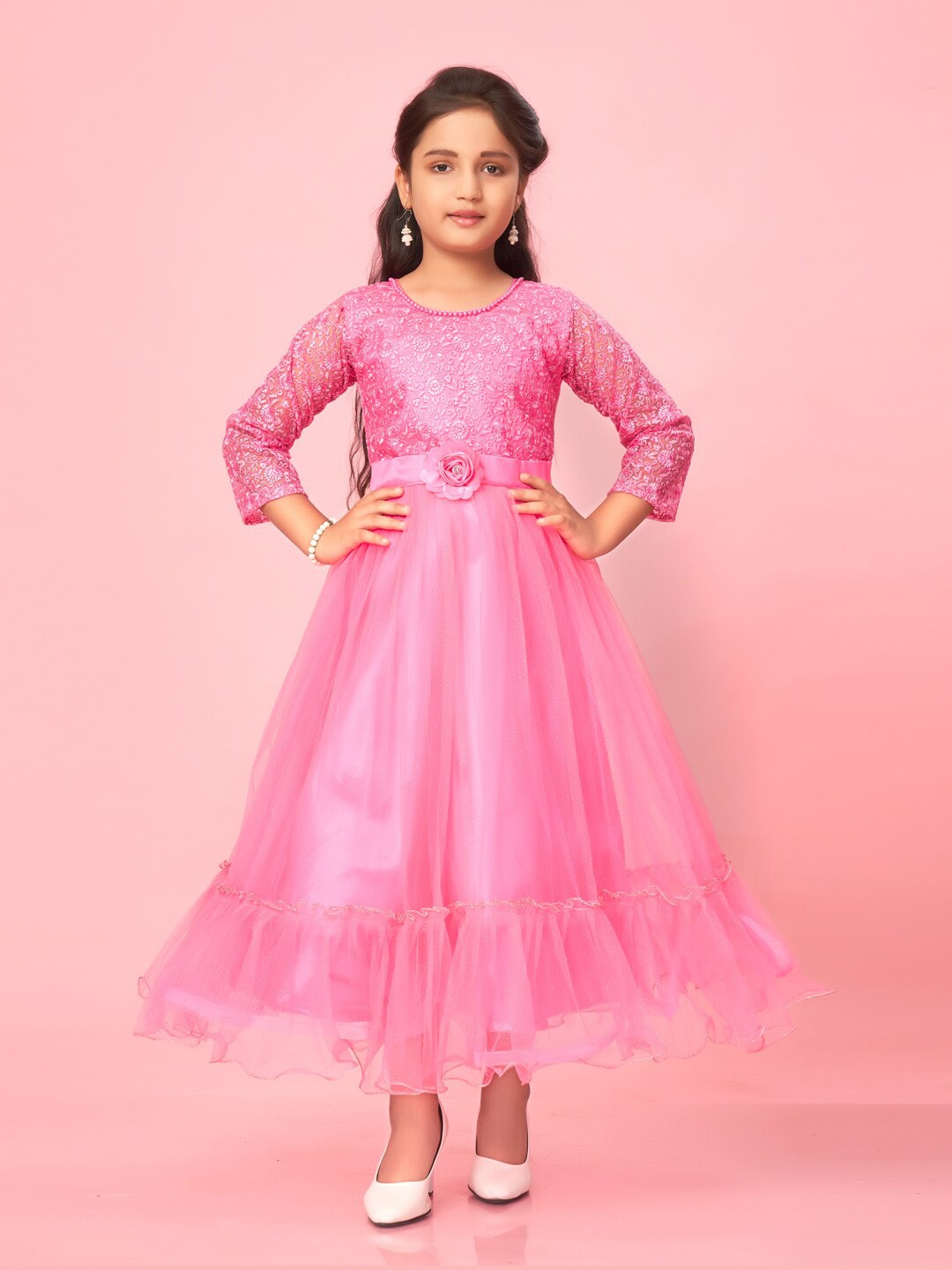 

Aarika Girls Embellished Net Fit and Flare Maxi Dress, Pink
