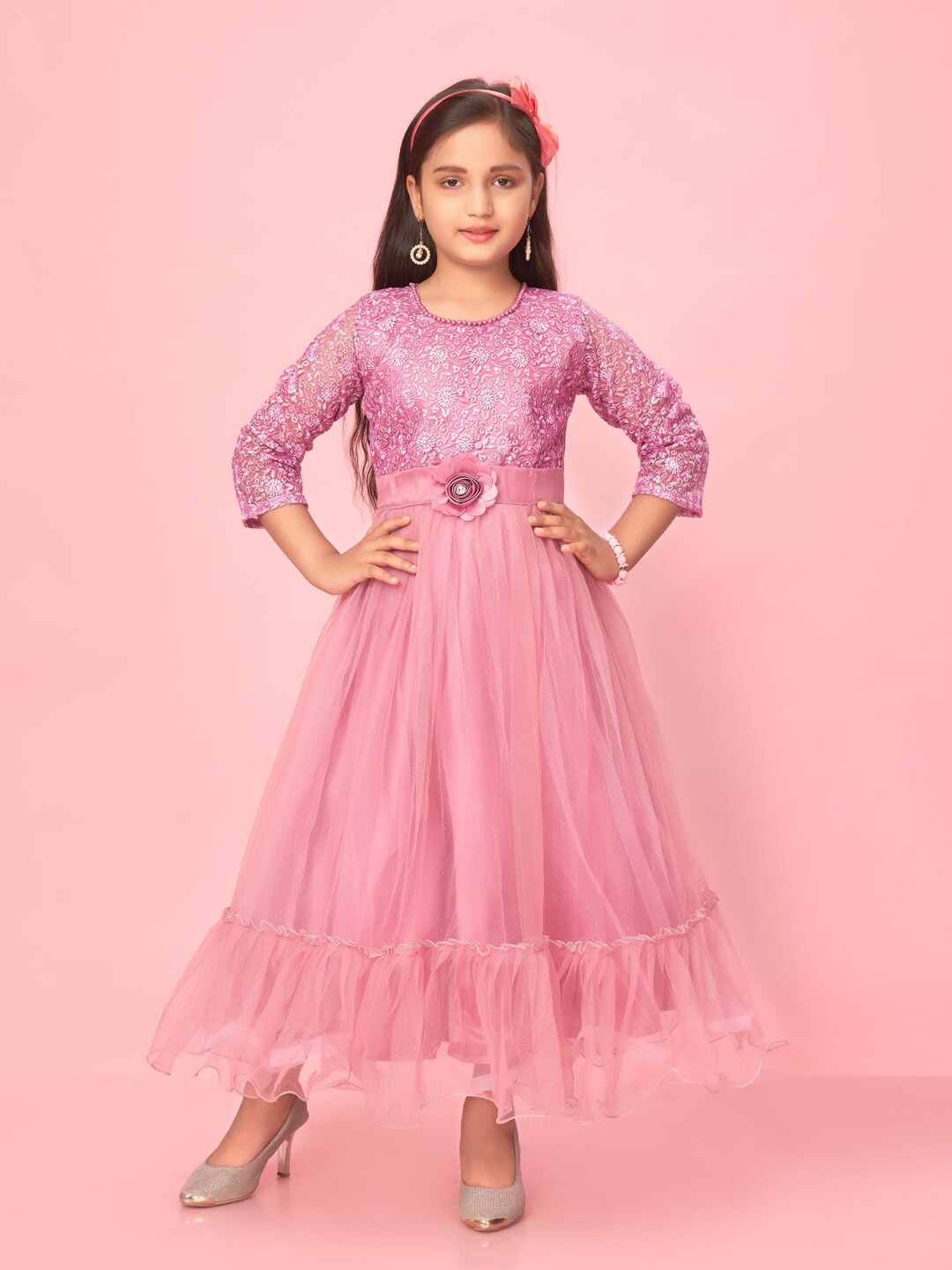 

Aarika Girls Embroidery Net Maxi Dress, Pink