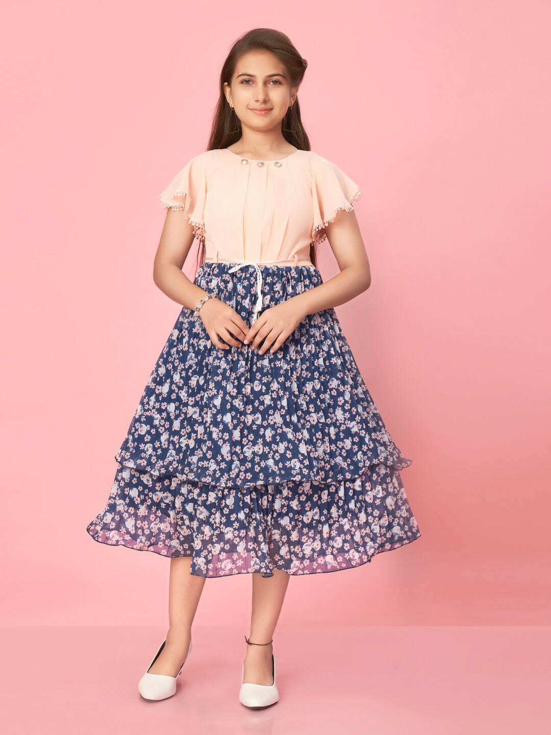 

Aarika Girls Floral Printed Flutter Sleeves Layered A-Line Dress, Peach