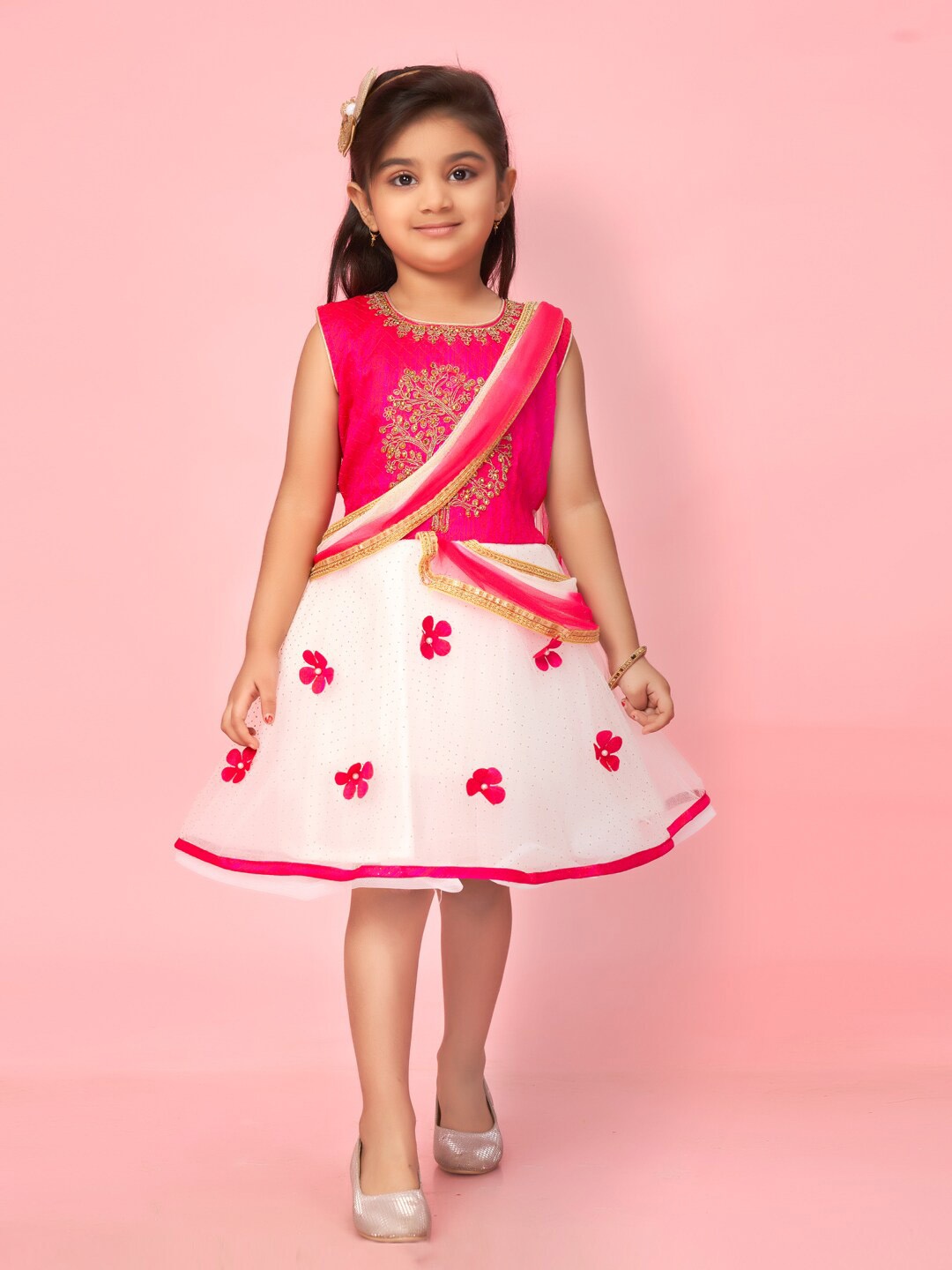 

Aarika Girls Floral Printed Embellished Net Fit And Flare Dress, Pink