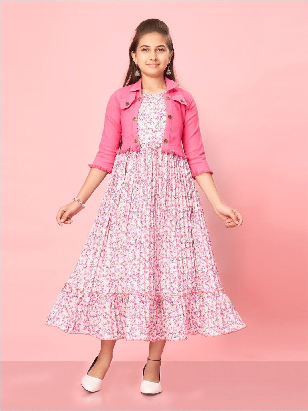 

Aarika Girls Floral Print Fit and Flare Dress With Jacket, Pink