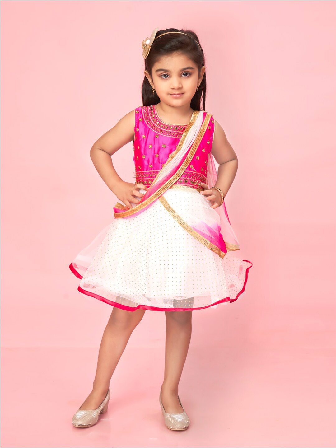 

Aarika Girls Embroidered Floral Net Sleeveless Fit & Flare Dress, Pink