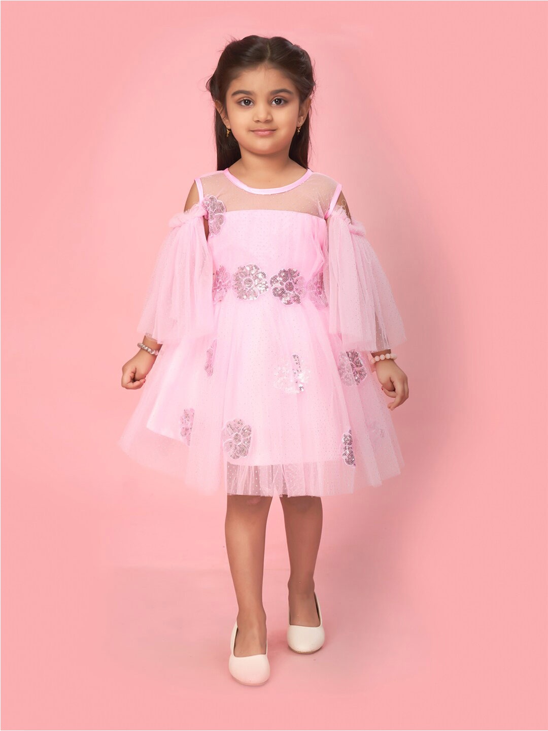 

Aarika Girls Floral Embellished Net Cold-Shoulder Sleeves Fit & Flare Dress, Pink