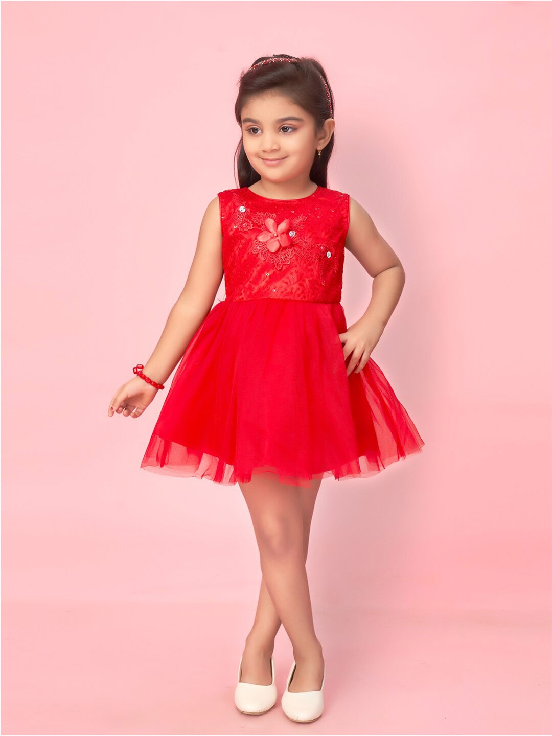 

Aarika Girls Floral Embroidery Net Fit & Flare Dress, Red