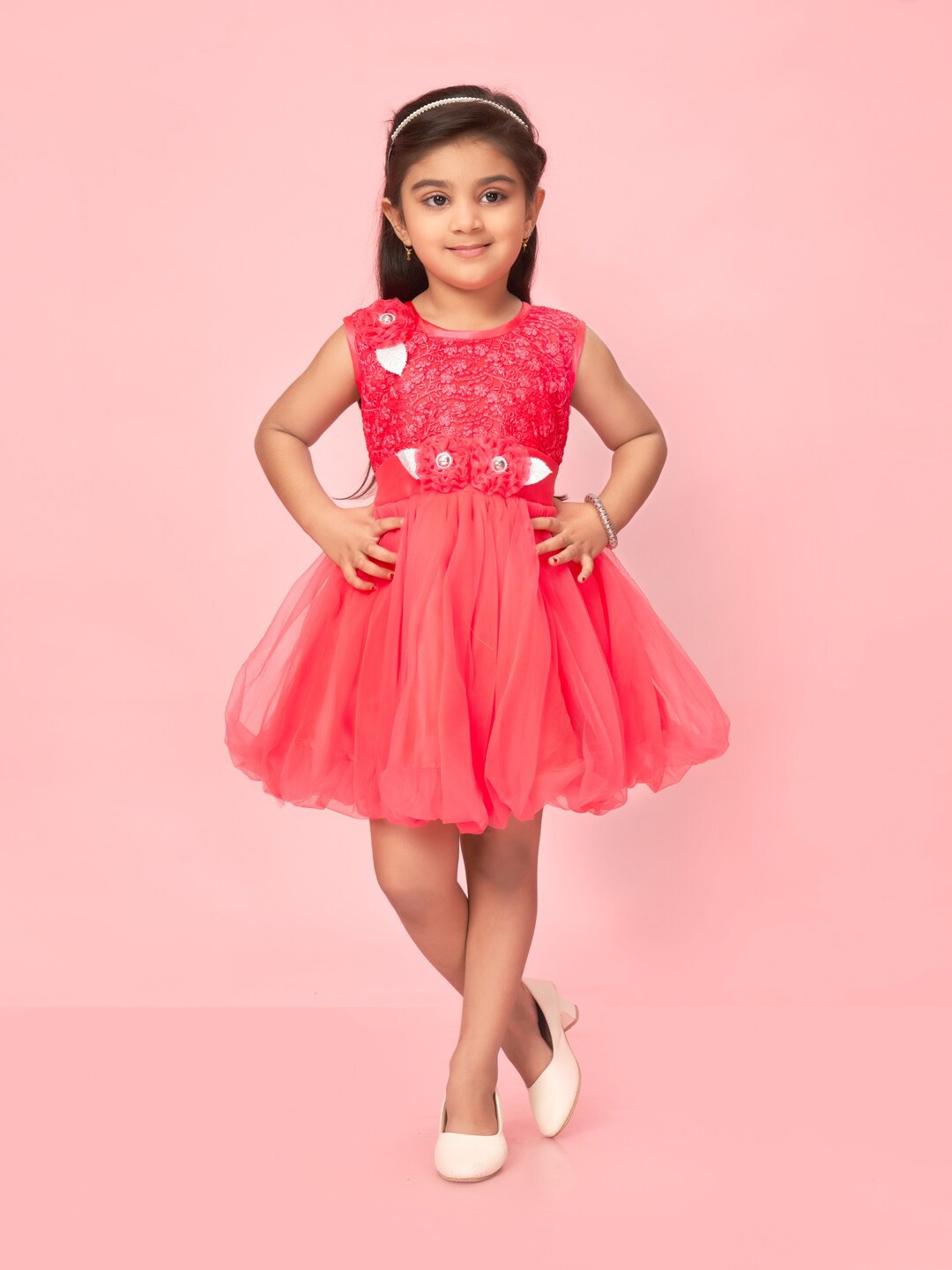 

Aarika Girls Round Neck Embroidery Net Fit & Flare Dress, Red