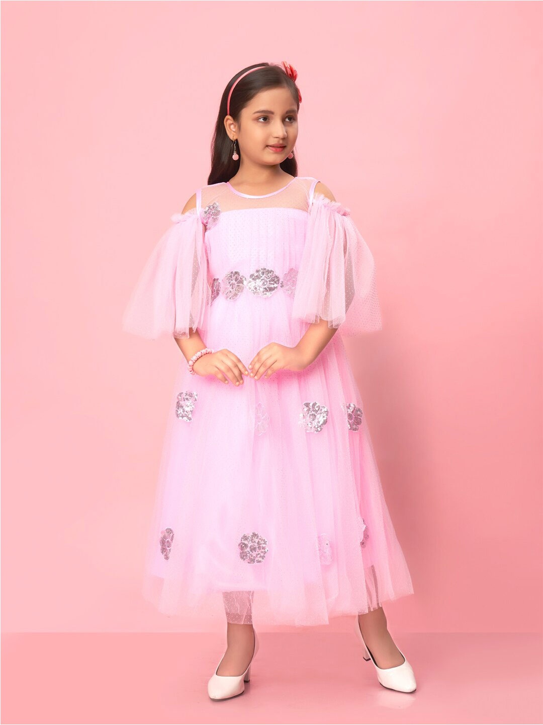 

Aarika Gitls Cold Shoulder Sleeves Net Fit & Flare Maxi Dress, Pink