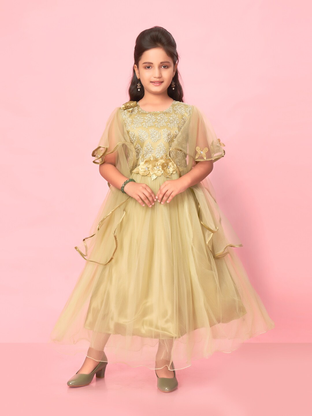

Aarika Girls Embroidered Net Fit & Flare Maxi Dress, Olive