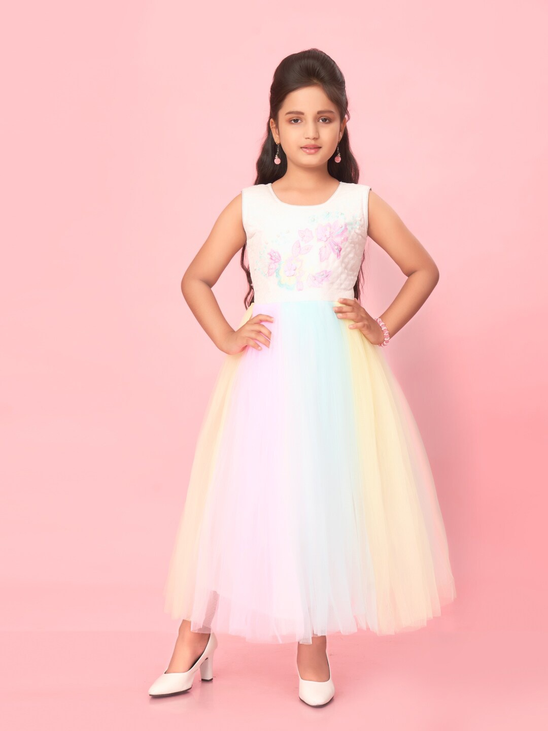 

Aarika Girls Colourblocked Net Fit and Flare Maxi Dress, White
