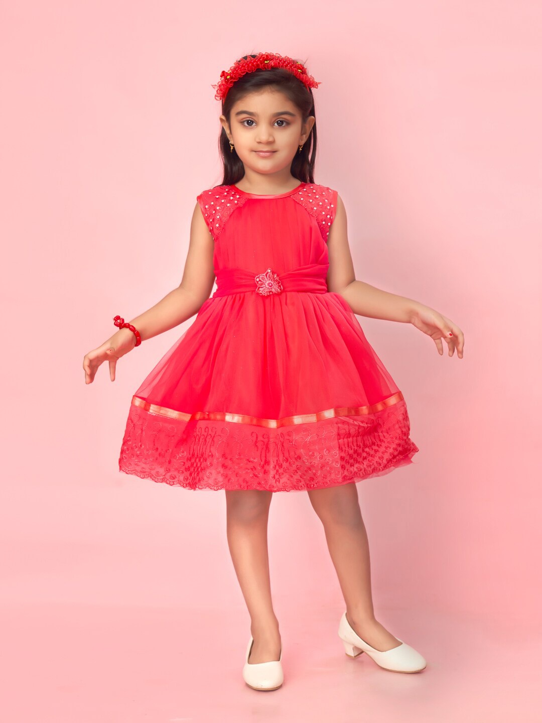 

Aarika Girls Embellished Net Fit & Flare Dress, Pink