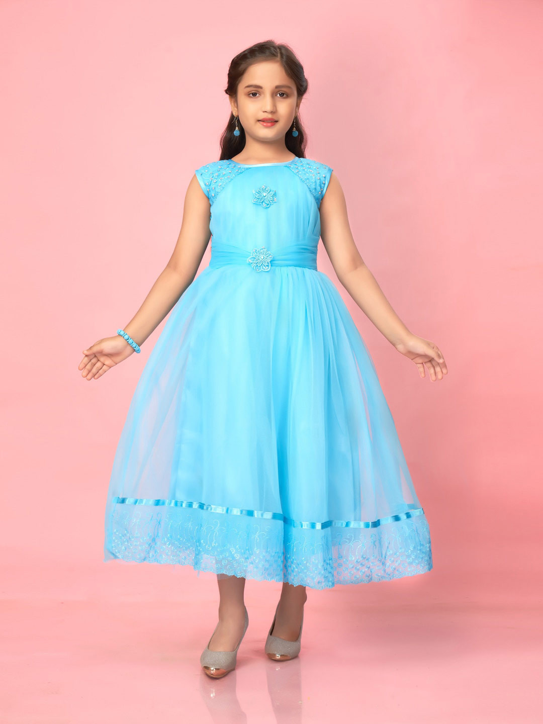 

Aarika Girls Embellished Net Fit & Flare Midi Dress, Turquoise blue