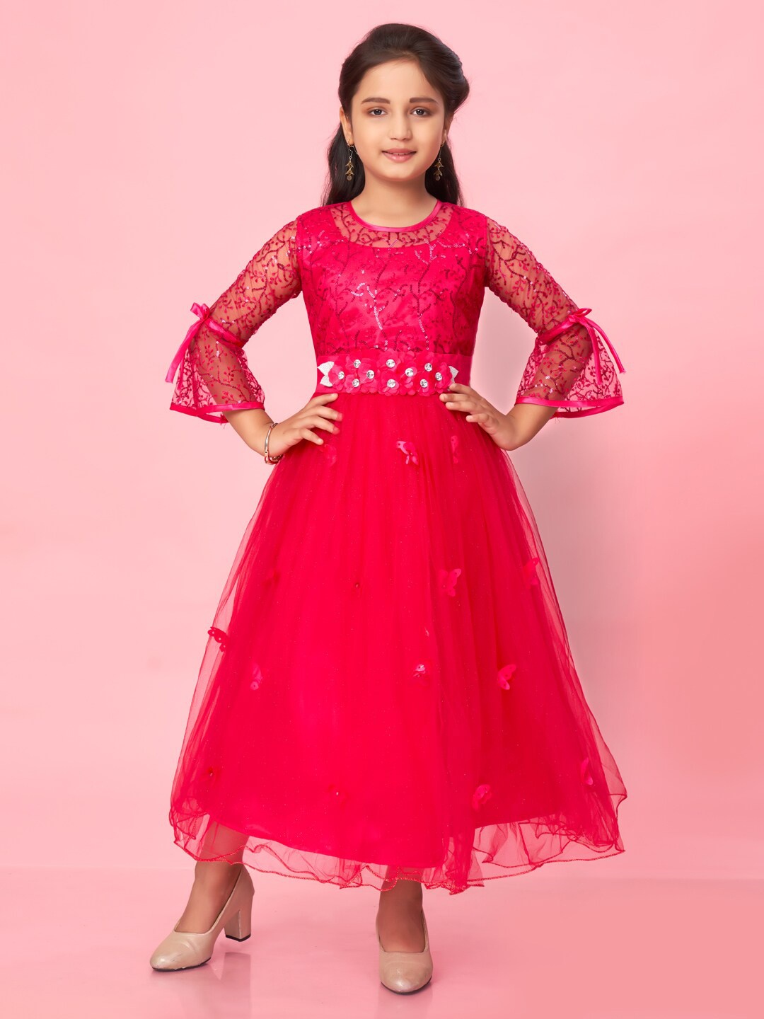 

Aarika Girls Floral Embroidered Sequined Bell Sleeves Net Fit & Flare Maxi Dress, Pink