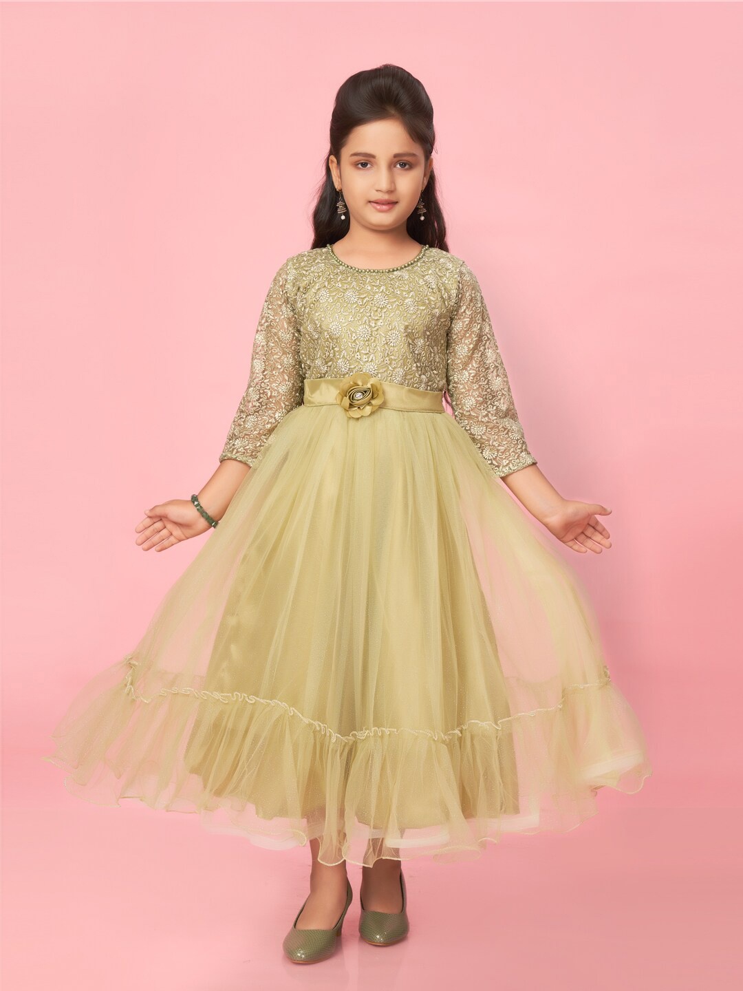 

Aarika Girls Embellished Net Fit and Flare Dress, Olive