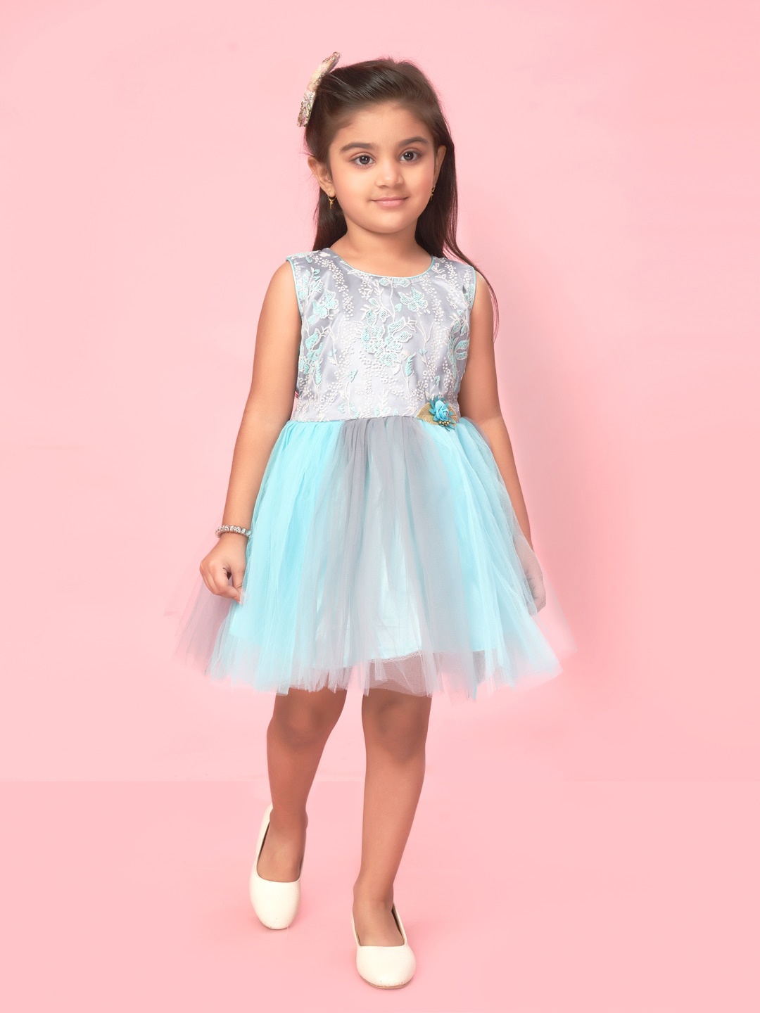 

Aarika Girls Floral Net Fit & Flare Dress, Turquoise blue