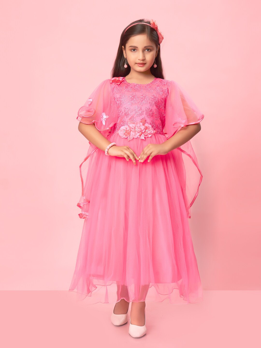 

Aarika Girls Flared Sleeve Floral Embroidery Net Maxi Dress, Pink