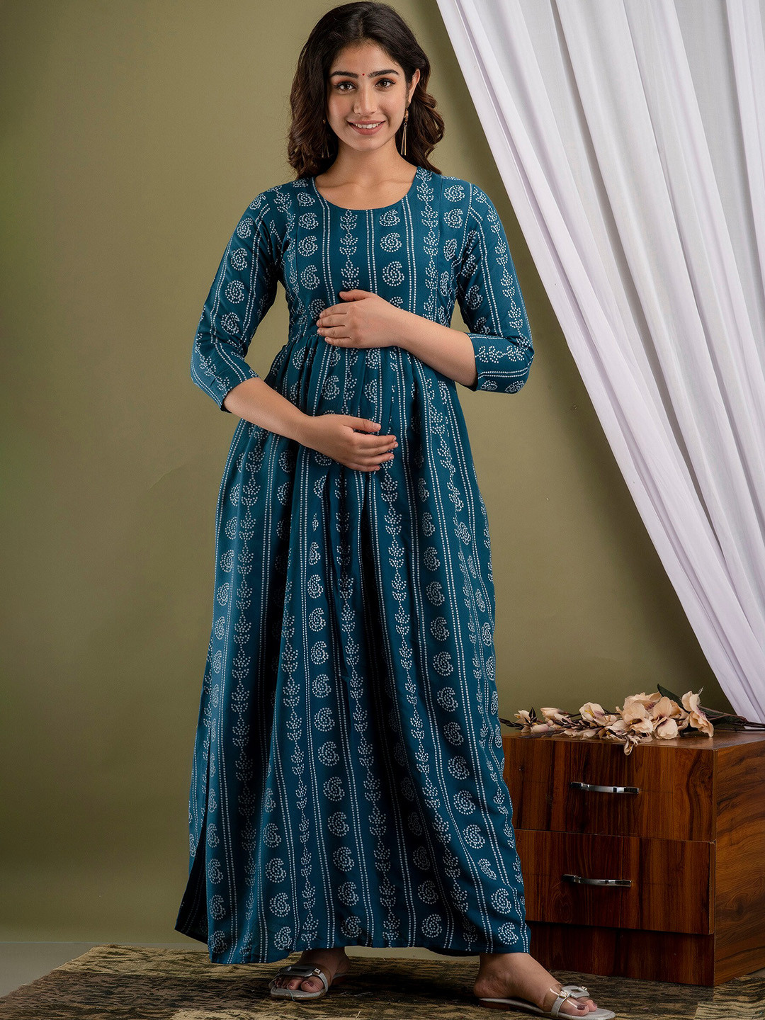 

Mialo fashion Ethnic Motifs Printed Block Print Maternity Ethnic Dress, Blue