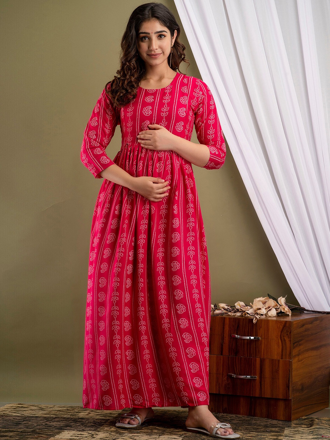 

Mialo fashion Ethnic Motifs Printed Block Print Maternity Ethnic Dress, Pink