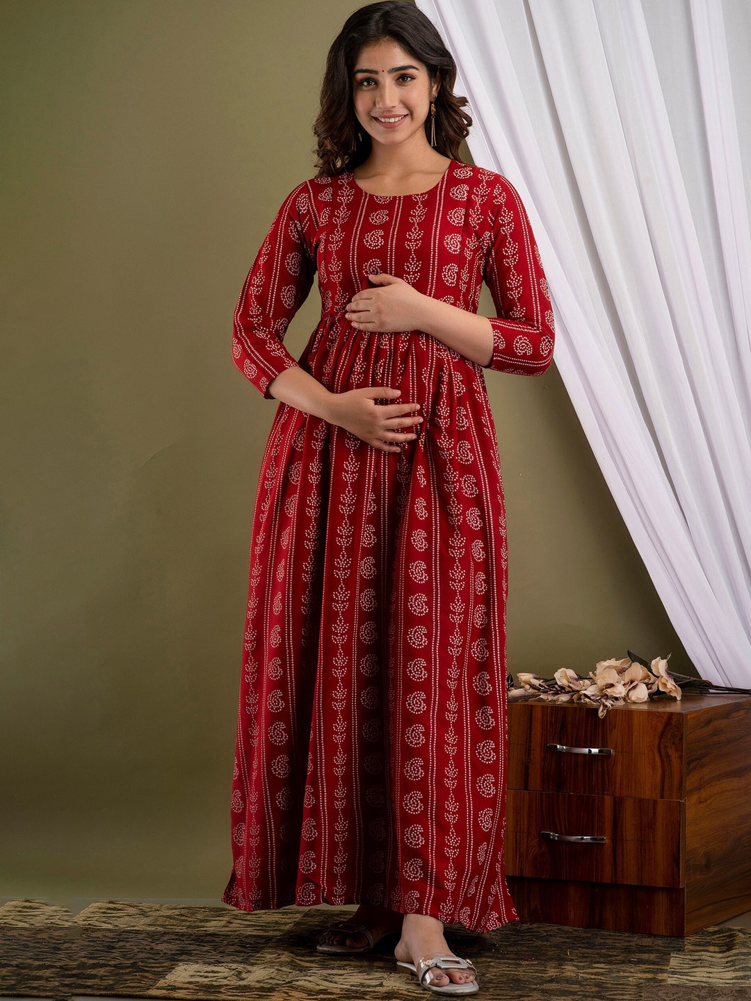 

Mialo fashion Ethnic Motifs Printed Block Print Maternity Ethnic Dress, Maroon