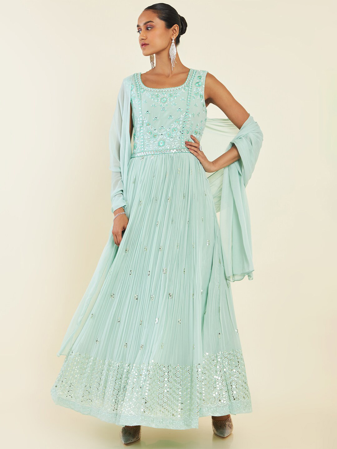 

Soch Sap Green Floral Embroidered Mirror Work Anarkali Kurta With Churidar & Dupatta