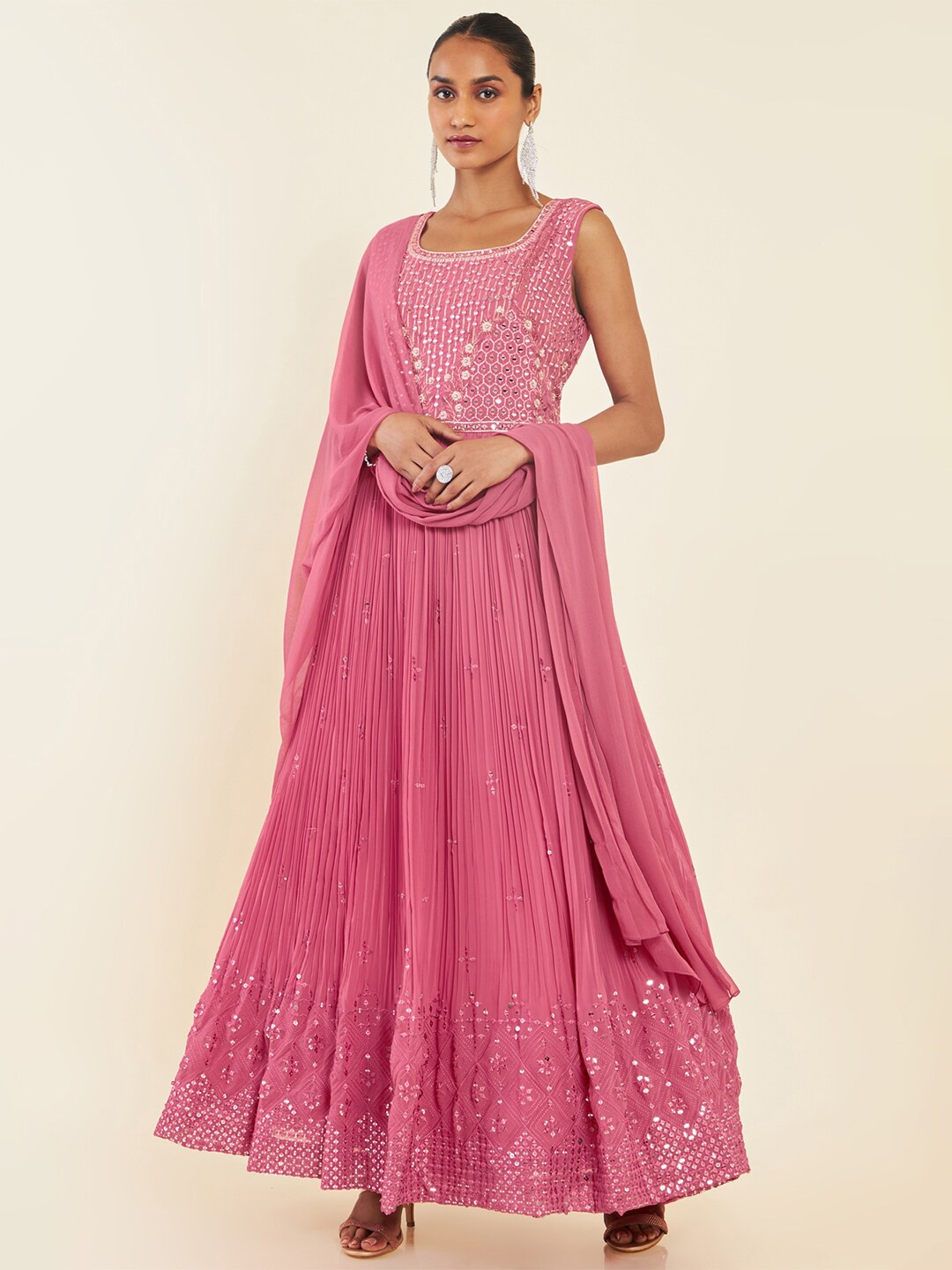 

Soch Pink Floral Embroidered Mirror Work Anarkali Kurta With Churidar & Dupatta