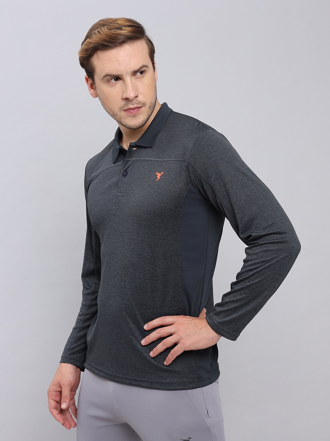 

Technosport Polo Collar Long Sleeves Antimicrobial Slim Fit Sports T-shirt, Charcoal