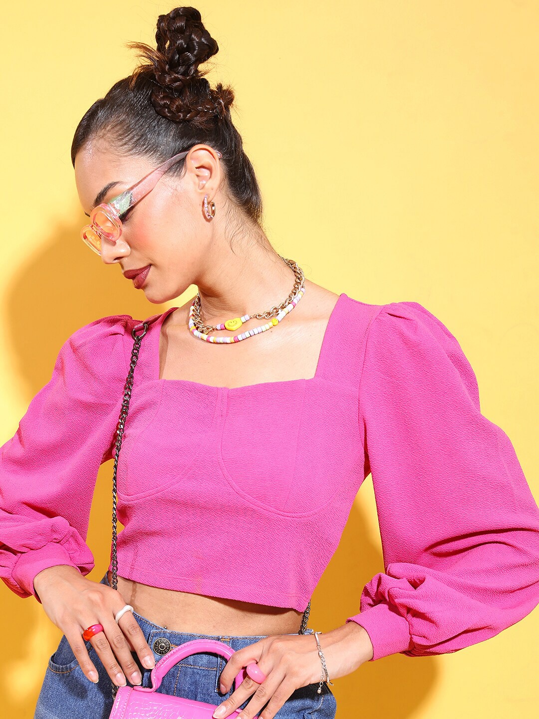 

KETCH Square Neck Bishop Sleeve Top, Pink