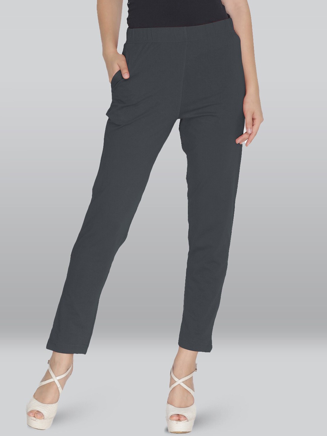 

LYRA Women Smart Slim Fit Cotton High-Rise Trousers, Grey