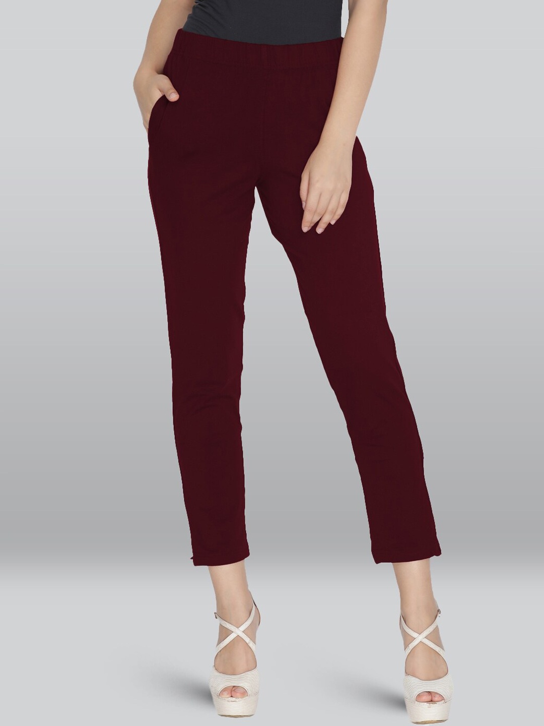

LYRA Women Smart Slim Fit Plain Formal Trousers, Maroon