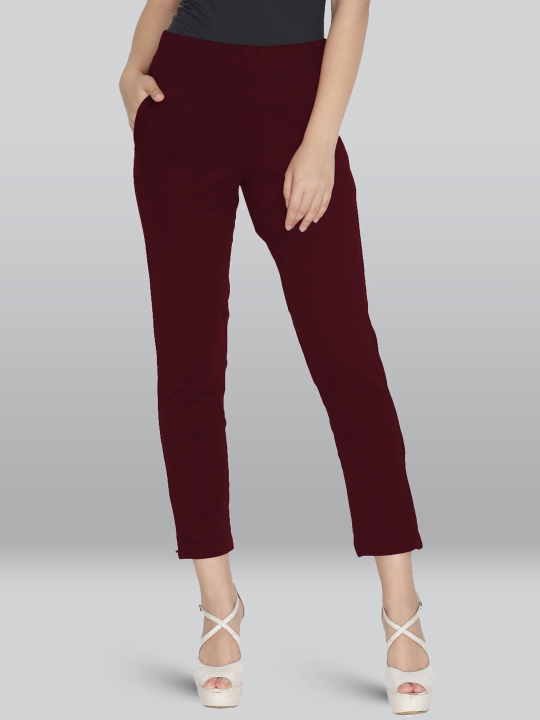 

LYRA Women Smart Mid Rise Knitted Plain Cotton Slim Fit Cropped Trousers, Burgundy