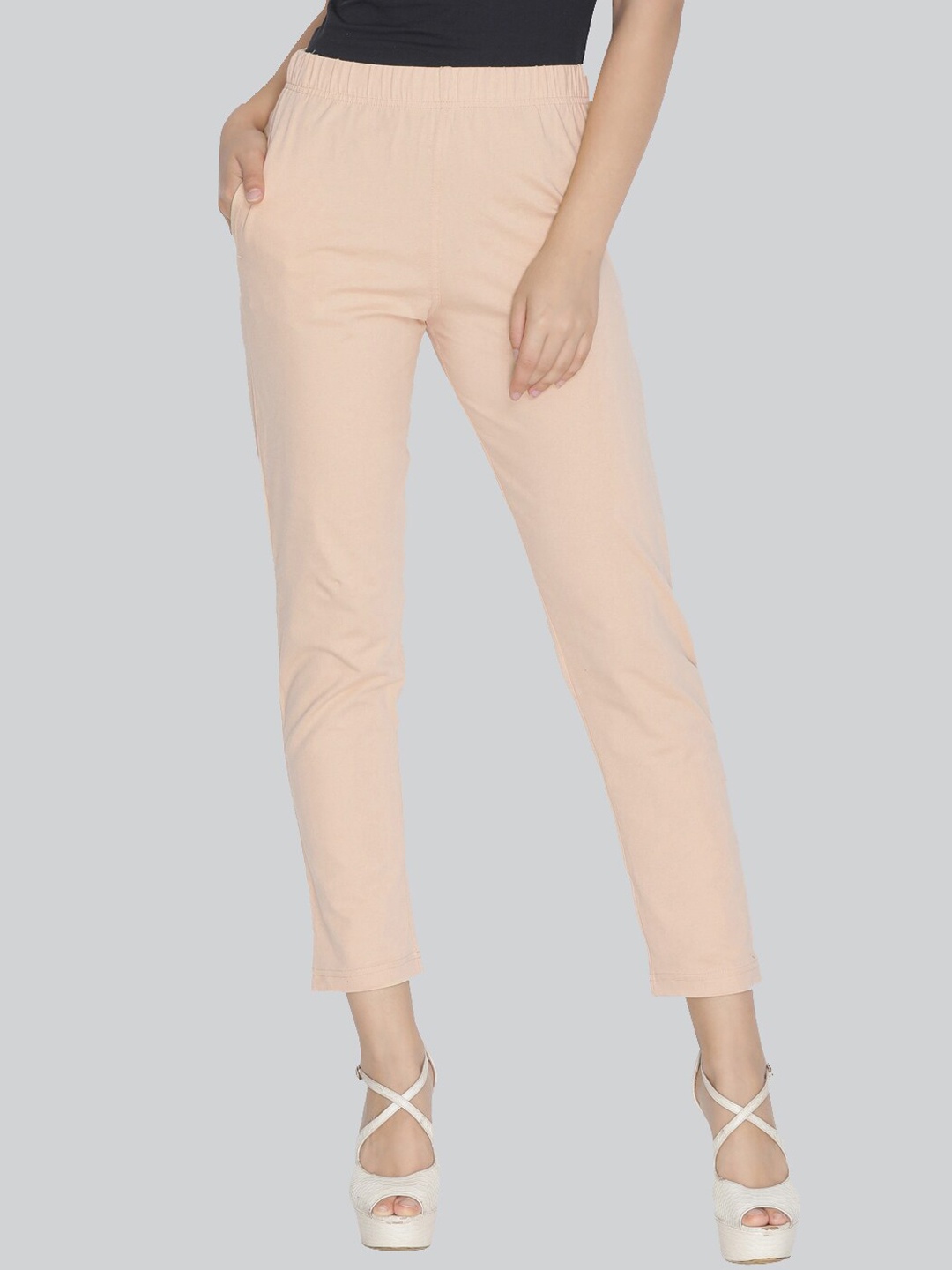 

LYRA Women Smart Slim Fit Cotton High-Rise Trousers, Beige
