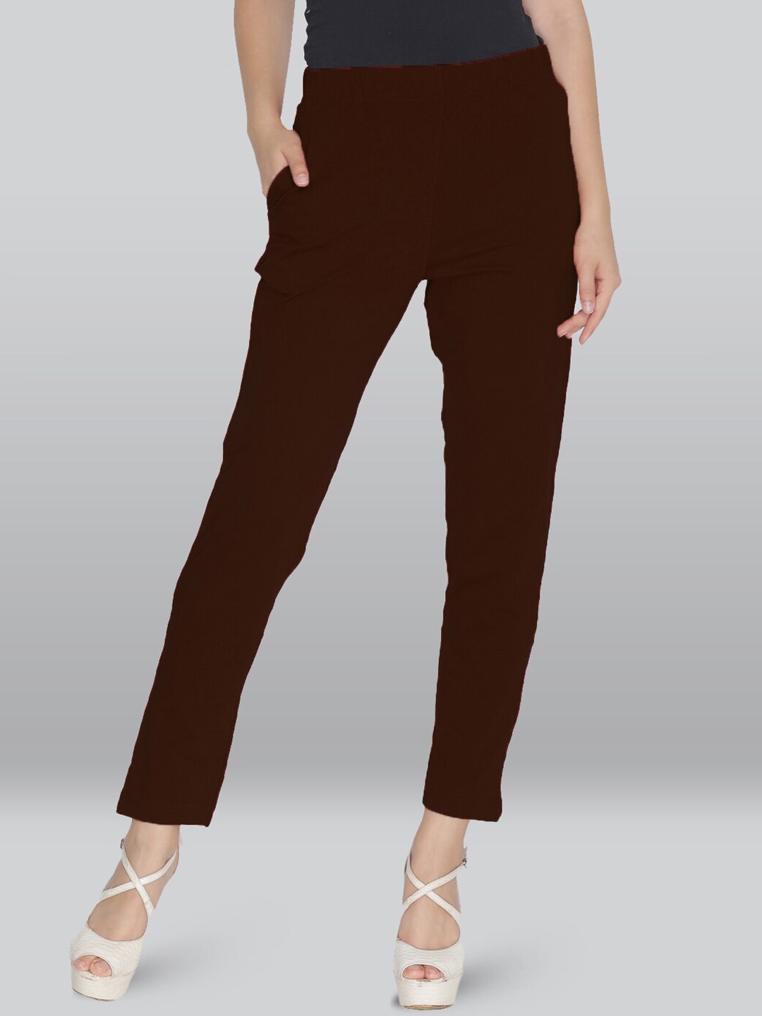 

LYRA Women Smart Mid Rise Knitted Plain Cotton Slim Fit Cropped Trousers, Brown