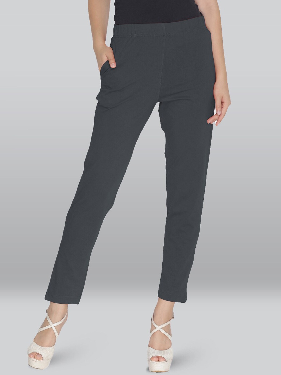 

LYRA Women Smart Mid Rise Knitted Plain Cotton Slim Fit Cropped Trousers, Grey