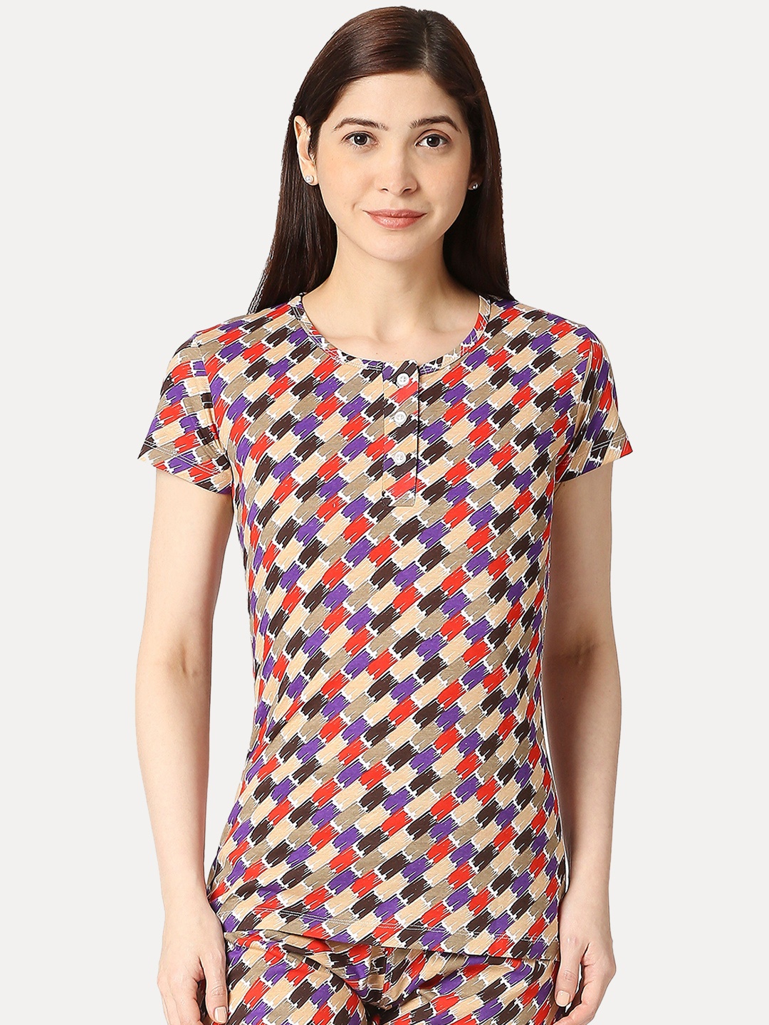 

zebu Women Printed Pure Cotton Lounge Tshirt, Beige