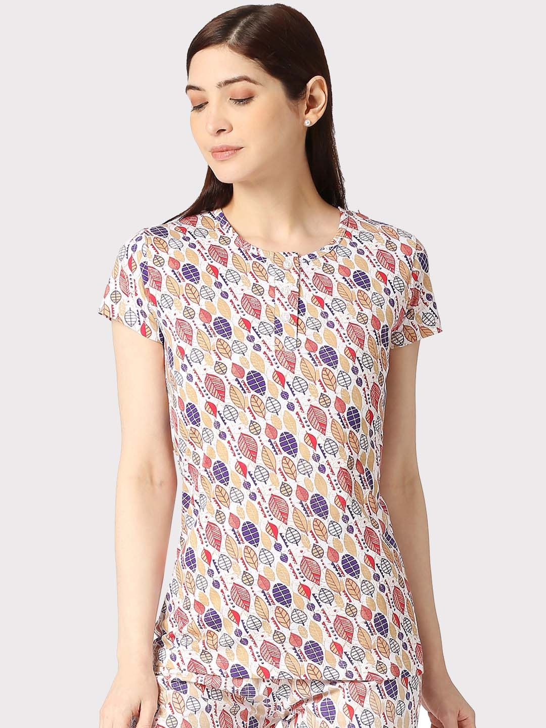 

zebu Women Printed Pure Cotton Lounge T-Shirt, Purple