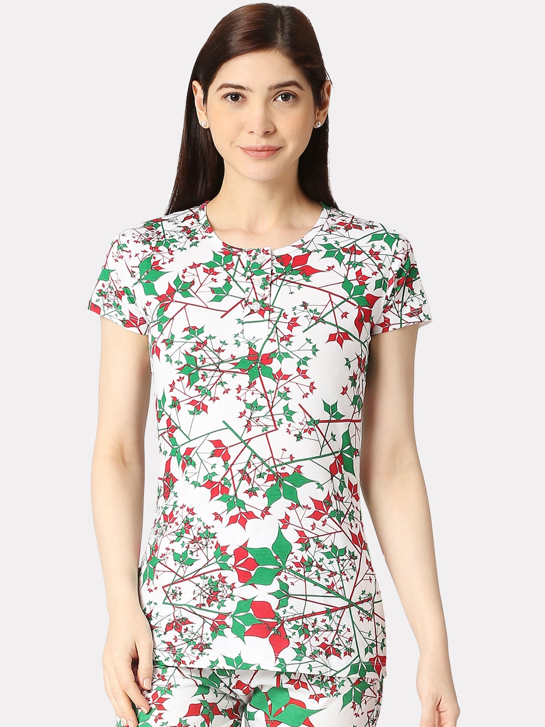 

zebu Women Printed Pure Cotton Lounge Tshirt, White