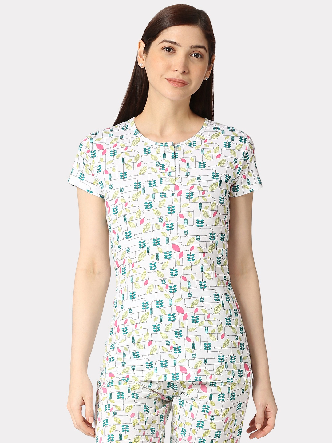 

zebu Women Printed Pure Cotton Lounge Tshirt, White